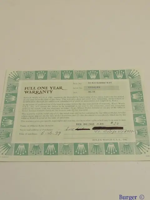 Rolex Warranty Certificate Ref: 14010