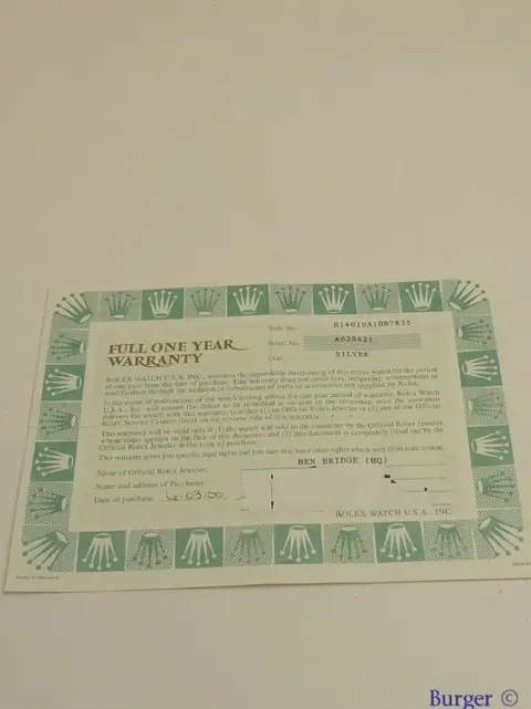 Rolex Warranty Certificate Ref: 14010
