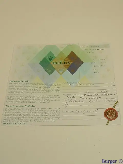 Rolex Warranty Certificate Ref: 16613