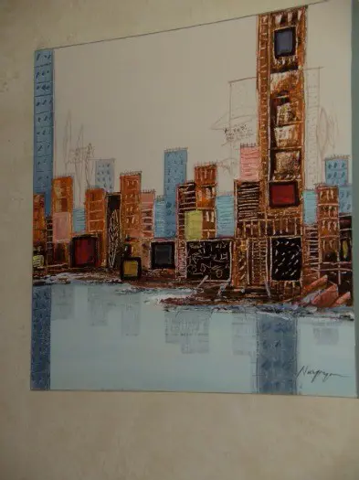 SCHILDERIJ ABSTRACT STADSBEELD BEIGE, 70x70 cm Nieuw