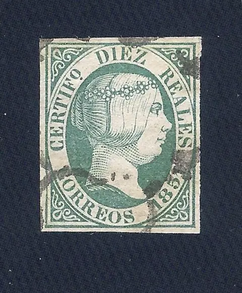 Spanje 1851 - Isabella II. 10 reales green. Black spider type postmark - Edifil 11