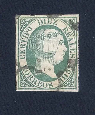 Spanje 1851 - Isabella II. 10 reales green. Black spider type postmark - Edifil 11