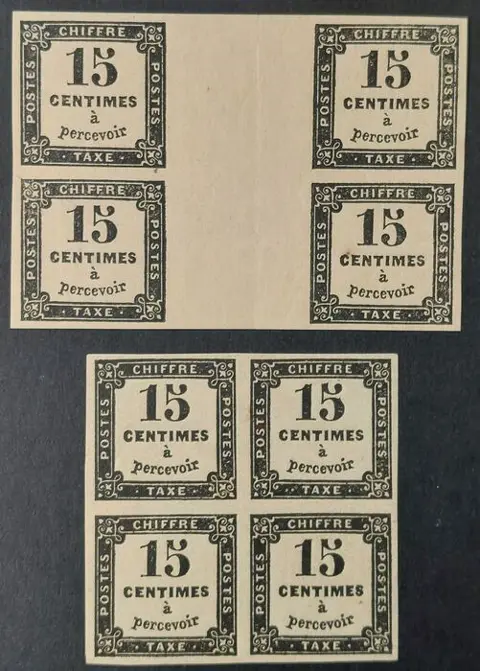 Frankrijk 1863/70 - Tax, 15 c. black, 2 types in blocks of 4 - Yvert Taxes 3 et 3B