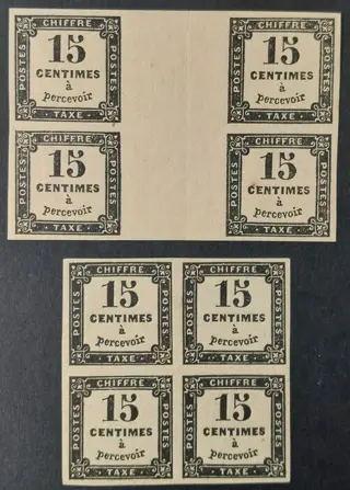 Frankrijk 1863/70 - Tax, 15 c. black, 2 types in blocks of 4 - Yvert Taxes 3 et 3B