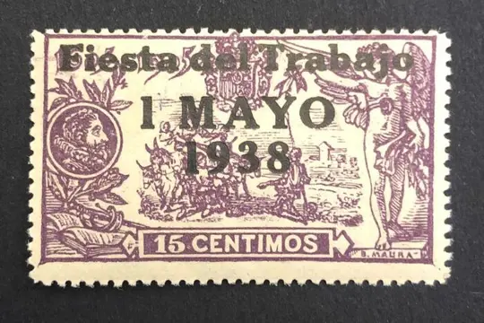 Spanje 1938 - Stamp with partial overprint. The text ‘1 Peseta’ is missing - Edifil 762hp