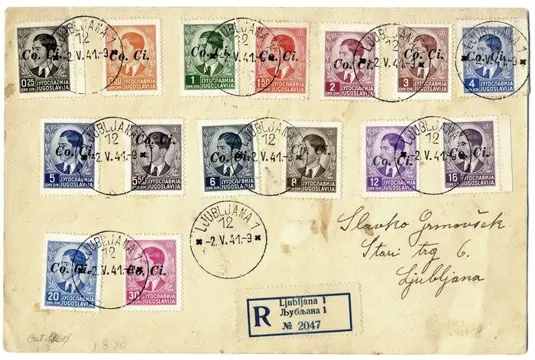 Italië - bezetting van Slovenië (1941) - Lubiana - serie di 15 valori soprastampati CO.CI. su raccomandata. Bollo di arrivo - Sassone N. 1/11+13+15/17