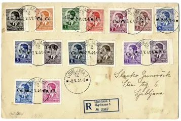 Italië - bezetting van Slovenië (1941) - Lubiana - serie di 15 valori soprastampati CO.CI. su raccomandata. Bollo di arrivo - Sassone N. 1/11+13+15/17