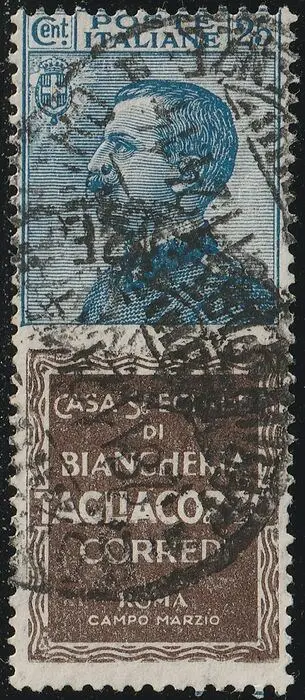 Koninkrijk Italië 1924/25 - Advertising pieces 25 c. azure and brown, Tagliacozzo, centred, used, rare - Sassone n.8