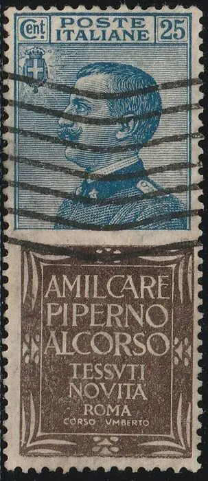 Koninkrijk Italië 1924/25 - Advertising pieces 25 c. azure and brown, Piperno, centred, used, rare - Sassone n.6