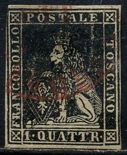 Italiaanse oude staten - Toscane 1857 - Medici Lion with crown, 2nd issue. 1 quattrino black. With certificate. - Sassone N. 10