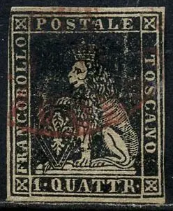Italiaanse oude staten - Toscane 1857 - Medici Lion with crown, 2nd issue. 1 quattrino black. With certificate. - Sassone N. 10