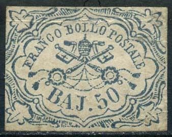 Italiaanse oude staten - Pauselijke Staat 1852 - 50 baj azure. - Sassone N. 10