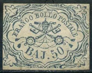Italiaanse oude staten - Pauselijke Staat 1852 - 50 baj azure. - Sassone N. 10
