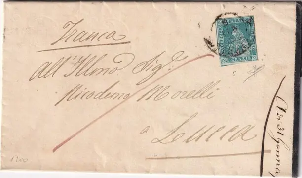 Italiaanse oude staten - Toscane 1853 - 1st issue 2 cr. light azure with margins on letter from Florence to Lucca, rare, with expert’s mark - Sassone n.5