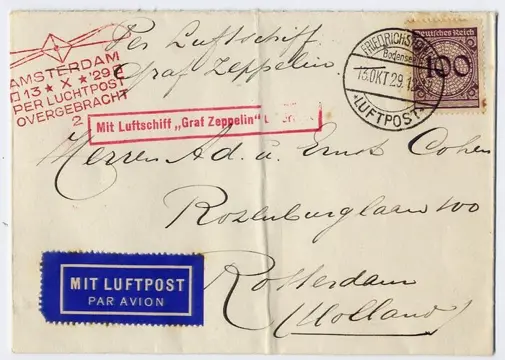 Duitse Rijk 1929 - Zeppelin LZ 127 : October Holland Flight : cover Rotterdam Drop : scarce - Michel 41 II a - Sieger 41 e