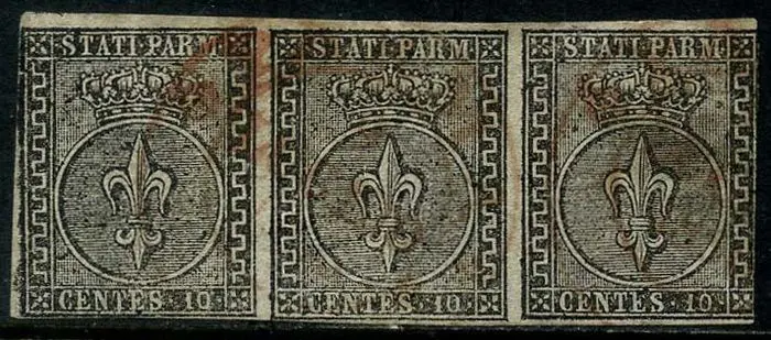 Italiaanse oude staten - Parma 1852 - Bourbon fleur-de-lis, 10 cents black. Horizontal strip of 3 pieces. - Sassone N. 2
