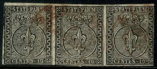 Italiaanse oude staten - Parma 1852 - Bourbon fleur-de-lis, 10 cents black. Horizontal strip of 3 pieces. - Sassone N. 2