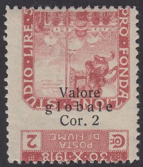 Fiume 1920 - + 2 c. brown pink with heavily shifted horizontal perforation to the top and inverted overprint - Sassone N. 96bb