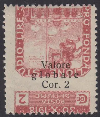 Fiume 1920 - + 2 c. brown pink with heavily shifted horizontal perforation to the top and inverted overprint - Sassone N. 96bb