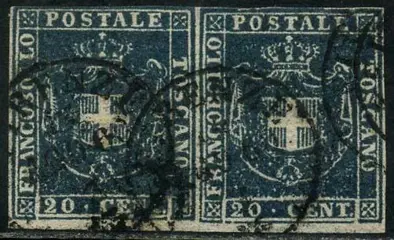 Italiaanse oude staten - Toscane 1860 - Provisional Government, 20 cents azure, pair. - Sassone N. 20