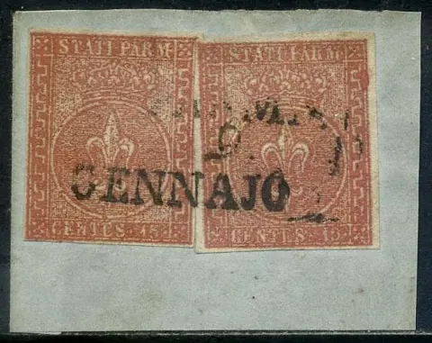 Italiaanse oude staten - Parma 1853 - 2nd issue, 15 cents vermilion, two pieces on cut out. - Sassone N. 7