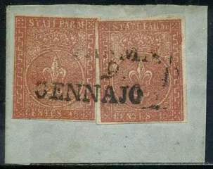 Italiaanse oude staten - Parma 1853 - 2nd issue, 15 cents vermilion, two pieces on cut out. - Sassone N. 7