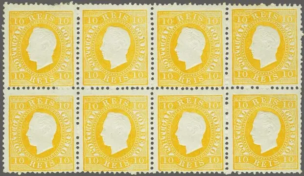 Portugal 1870 - D. Luís I. Fita direita Bloco 8, 10 Réis - Mundifil 37