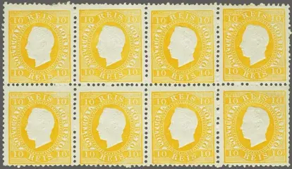 Portugal 1870 - D. Luís I. Fita direita Bloco 8, 10 Réis - Mundifil 37