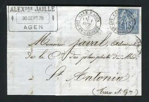 Frankrijk 1878 - Zeldzame lettre de la Gare d'Agen pour St Antonin avec un n° 90 - Perforatie A.J. (Alexandre Jaille)