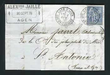 Frankrijk 1878 - Zeldzame lettre de la Gare d'Agen pour St Antonin avec un n° 90 - Perforatie A.J. (Alexandre Jaille)