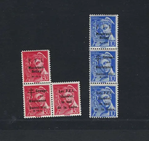 Frankrijk - RARE NEUF** 2 X 3 timbres libération Montreuil Bellay avec texte patriotique se tenant et sur timbre