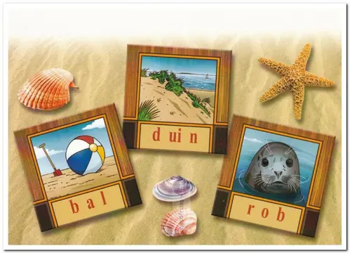 Ansichtkaart: Leesplankje met 3 afbeeldingen