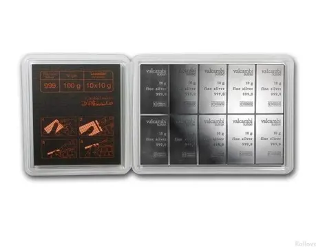 100 grams (10 bars x 10 grams/each) - Zilver .999 - Valcambi - Verzegeld en met certificaat