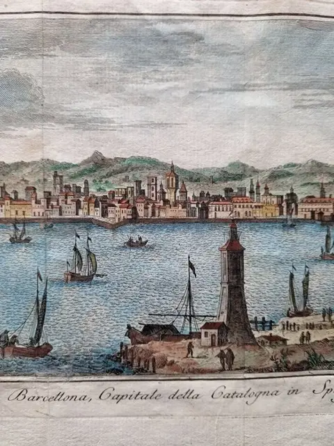 Spanje, Barcelona; T. Salmon - Veduta della Città e del Porto di Barcellona, Capitale della Catalogna in Spagna - 1721-1750