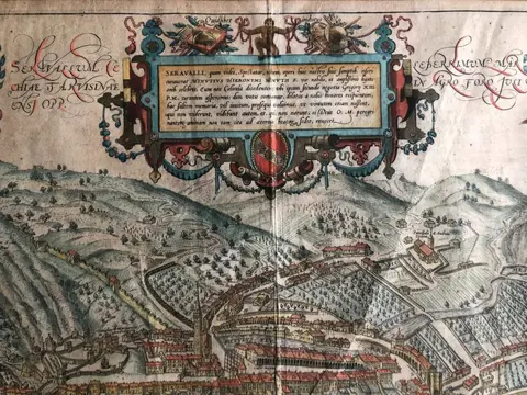 Italië, Treviso, Vittorio Veneto; Georg Braun / Frans Hogenberg - Seravallum celeberrimum Marchiae Tarvisinae in agro Foro Juliensi opp. - 1501-1520