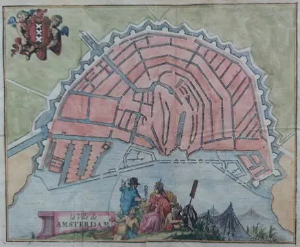 Nederland, Amsterdam; Jacobus Harrewijn - 3 kopergravures; ''La Ville de Amsterdam'', ''Maison de ville D'Amsterdam'',''Maison.. Derriere' - 1720