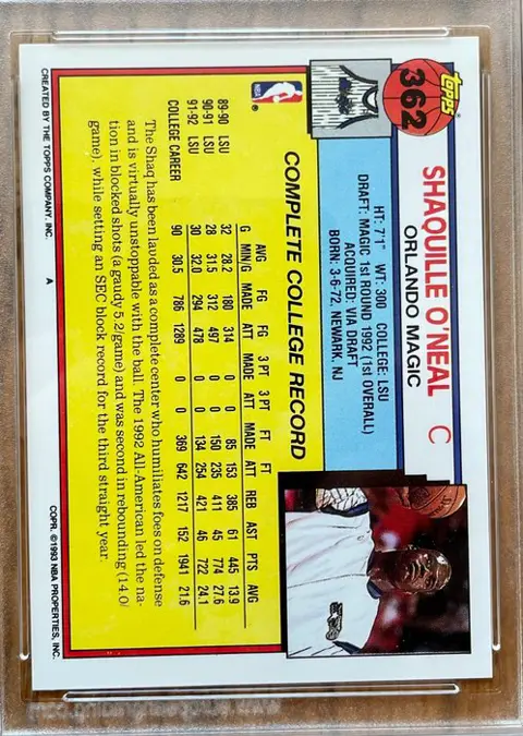 1992/93 Topps Draft Picks #362 Shaquille O'Neal - Rookie - European Grading 9