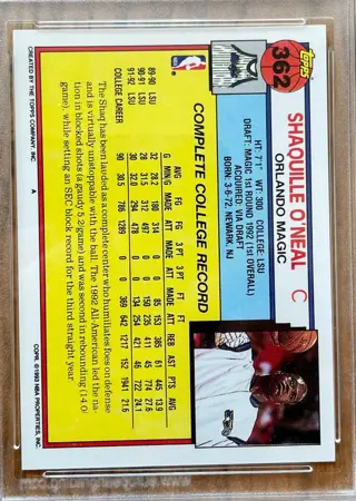 1992/93 Topps Draft Picks #362 Shaquille O'Neal - Rookie - European Grading 9