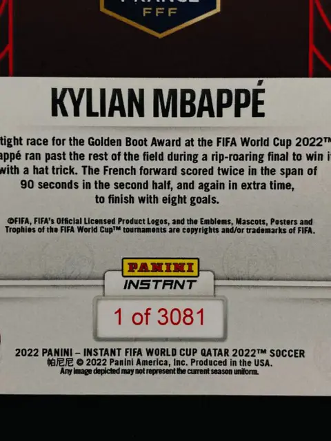 2022 Panini Instant World Cup - Kylian Mbappé #133 - Limited Edition /3.081 - Uitverkocht