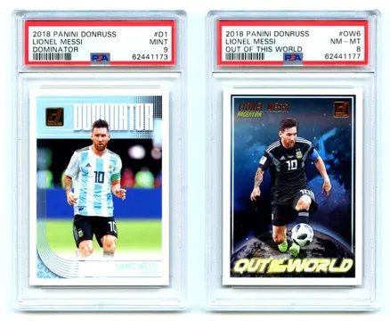 2018 Panini Donruss - Lionel Messi - Lot of 4: Elite PSA 8 - Magicians PSA 8 - Dominator PSA 9 - Out of This World PSA 8
