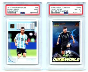 2018 Panini Donruss - Lionel Messi - Lot of 4: Elite PSA 8 - Magicians PSA 8 - Dominator PSA 9 - Out of This World PSA 8