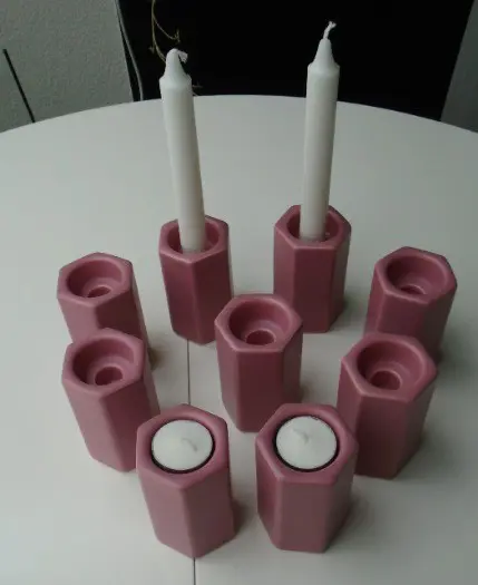 WAXINELICHTJES EN KANDELAAR OUDROZE 6 HOEKIG 8 STUKS NIEUW