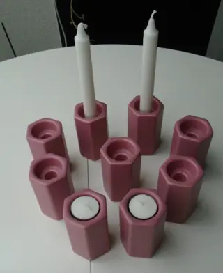 WAXINELICHTJES EN KANDELAAR OUDROZE 6 HOEKIG 8 STUKS NIEUW