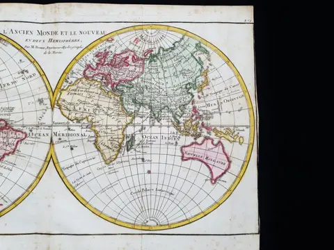 wereldkaart, Mappamondo, Globe in Hemispheres; Rigobert Bonne - L'Ancien Monde et le Nouveau en Deux Hemispheres - 1761-1780