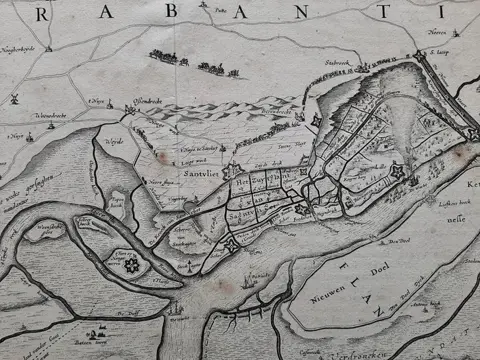 Nederland, België, Schelde, Blokkade Antwerpen, Bergen op Zoom, Zandvliet; Willem en Joan Blaeu - Tabula Castelli ad Sandflitam, qua simul inundati agri, (...) - ca. 1645