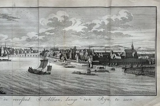 Zwitserland, Basel; C. Philips / E. Buchel - De Stad Bazel van de voorstad S. Alban, langs den Rijn, te zien - 1751-1760