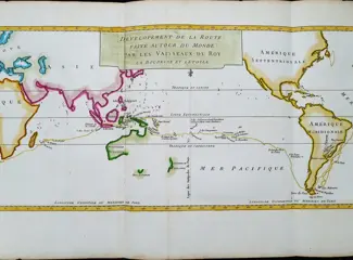 wereldbol, World Map, Southern Terrestriale Palnisphere, Australia, South America, Patagonia, Africa; Etienne M. Philippe de Pretot - Developement de la Route faite Autour du Monde par les Vaisseaux du Roy: la Boudeuse et l'Etoile - 1781-1800