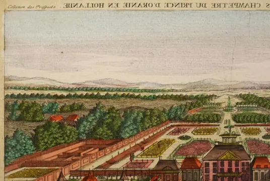 Nederland, Apeldoorn; Academie Imperiale, Augsburg - Guckkastenblatt - Prospect von Loo des Prinz von Oranien Lust Schlosses in Holland - 1781-1800