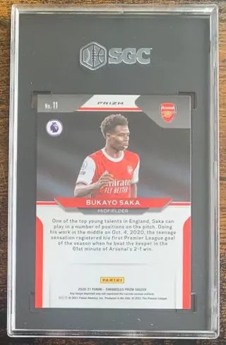 2020/21 Panini Chronicles Prizm Premier League #11 Bukayo Saka - Purple Mojo Rookie Card - SGC 9.5