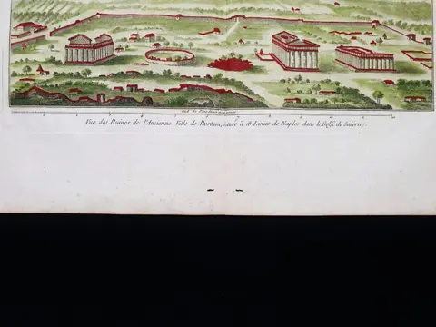 Italië, Campania, Salerno, Pesto, Capaccio; J.J.F. De Lalande - Vue des Ruines de l'Ancienne Ville de Paestum, Situee a 18 lienes de Naples dans le Golfe de Salerne - 1761-1780